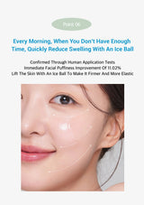Advertisement for a facial product with text about reducing swelling and improving skin firmness.