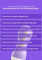 Promotional text for a lightening and slimming massage cream on a purple background with a silhouette of a woman.