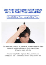 Person with a hair product on their head, text about scalp dye coverage and holding time.
