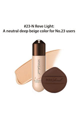 MAKE+HEAL foundation bottle and applicator with color swatch on a white background