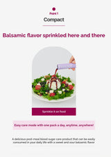 Product advertisement for a balsamic flavor product with a salad on a white background