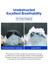 Comparison of powdered black cabbage and scalp tattoo on a white background with text about breathability and no scalp clogging.