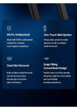 Features of a hairbrush displayed on a blue background