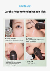 Instructions on how to use Varol's product with close-up images of application on different parts of the face.