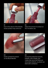 Instructions for using a blush blender with text on product use and precautions.