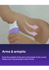 Illustration of using a device on arms and armpits with arrows indicating the direction.