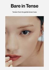 Close-up of a person's eye with text 'Bare in Tense' and 'Tension from the gentle brown hues' on a white background.