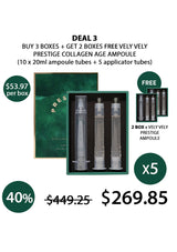 Promotional offer for VELY VELY Prestige Collagen Age Ampoule with packaging and pricing details.