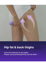 Person using a purple roller on their hip and back thigh with instructional text.