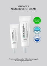 Vemontes Acne Booster Cream packaging on a gray background with certification logos.