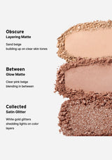 Close-up of makeup shades with text describing their application on skin tones.