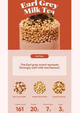 Product packaging for Earl Grey Milk Tea with ingredients and nutritional information on a brown background