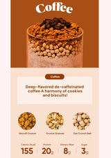 Coffee product with ingredients and nutritional information on a brown background