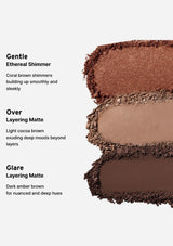 Three shades of brown makeup swatches with descriptive text on a white background