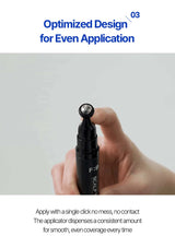 Hand holding a black applicator with text about optimized design for even application.