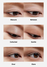 Eye makeup swatches labeled 'Obscure', 'Between', 'Collected', 'Gentle', 'Over', and 'Glare' on a neutral background.