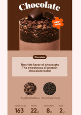 Chocolate product packaging with a glass of chocolate shake and protein balls on a brown background.