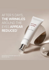 Cosmetic eye cream tube with text on a beige background