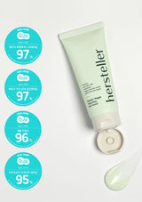 Hersteller skincare product with green cream and white cap on a light gray background, surrounded by blue circular icons with text.