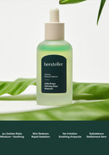 Woman holding a bottle of 'hersteller' Little Drops Calming Days Ampoule against a white background