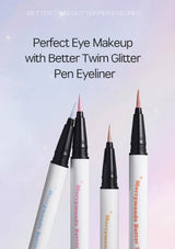 Pen eyeliner with glitter on a gradient background, featuring the brand 'Better Twim'.