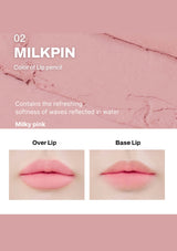 Lip color swatch with 'MILKPIN' shade, showing over lip and base lip application on a pink background.