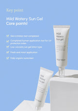 Two tubes of VELY VELY Mild Watery Sun Gel on a white surface with a blue background.
