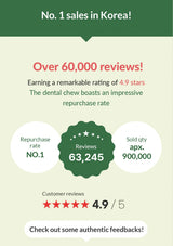 Promotional graphic highlighting sales performance and customer reviews of a dental chew product in Korea.