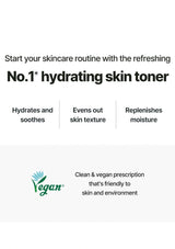 Advertisement for hydrating skin toner with text and a vegan logo on a white background
