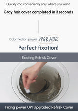 Advertisement for a gray hair cover product with text and a washing machine image.