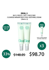 Promotional offer for Cleardea Minari Deep Cool Soothing Cream with a free sample included.