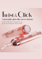 Two skincare serum bottles with a pink background and text about the product.