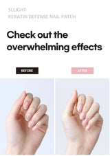 Before and after comparison of a nail patch with text 'Check out the overwhelming effects' and product name.