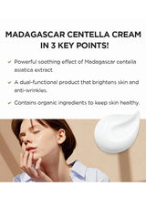 Advertisement for Madagascar Centella Cream with text and a woman applying cream.