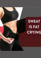 Person wearing a black waist trainer with a visible brand logo, against a gray background.