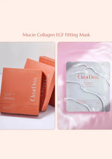 Two panels showing ClearDea Mucin Collagen EGF Fitting Mask packaging: orange boxes on the left and a silver foil mask packet on a pink background on the right, with the text 'Mucin Collagen EGF Fitting Mask' above.