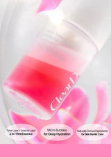ClearD Clear Skin Toner Essence bottle filled with pink liquid, shown with promotional text bubbles at the bottom on a soft pink and white background.