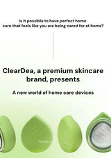 Promotional graphic for ClearDea home care devices, featuring a light green teardrop-shaped facial cleansing brush shown from multiple angles on a white background with black text.