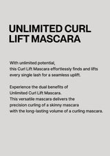 Advertisement for Unlimited Curl Lift Mascara with text on a gray background