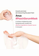 Anua Peach Serum Mask being applied with text describing its benefits