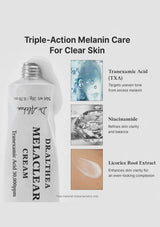Dr. Althea Melaclear cream bottle with ingredients and benefits on a white background