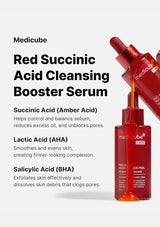 Medicube Red Succinic Acid Cleansing Booster Serum with product details on a white background
