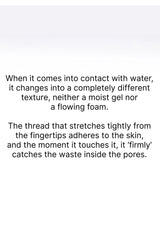 Text describing a product's texture and effectiveness on skin with water