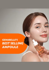 Woman holding a Genabelle ampoule with an orange label on a gray background