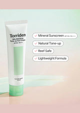 Torriden sunscreen tube with features listed on a gradient background