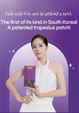 Woman holding a product package with promotional text about a patented trapezius patch on a purple background