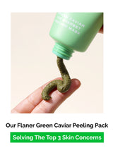Flaner Green Caviar Peeling Pack being squeezed onto a hand with text about solving skin concerns.
