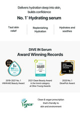 Advertisement for DIVE IN Serum highlighting its hydrating benefits and award-winning records.