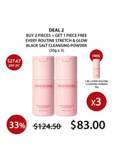 Promotional offer for 'Every Routine' stretch and glow black salt cleansing powder with a free sample included.
