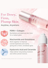 MediCube Radiance Brightening Serum shown in a pink bottle with a silver cap, set against a light pink background with product benefits and ingredient callouts.